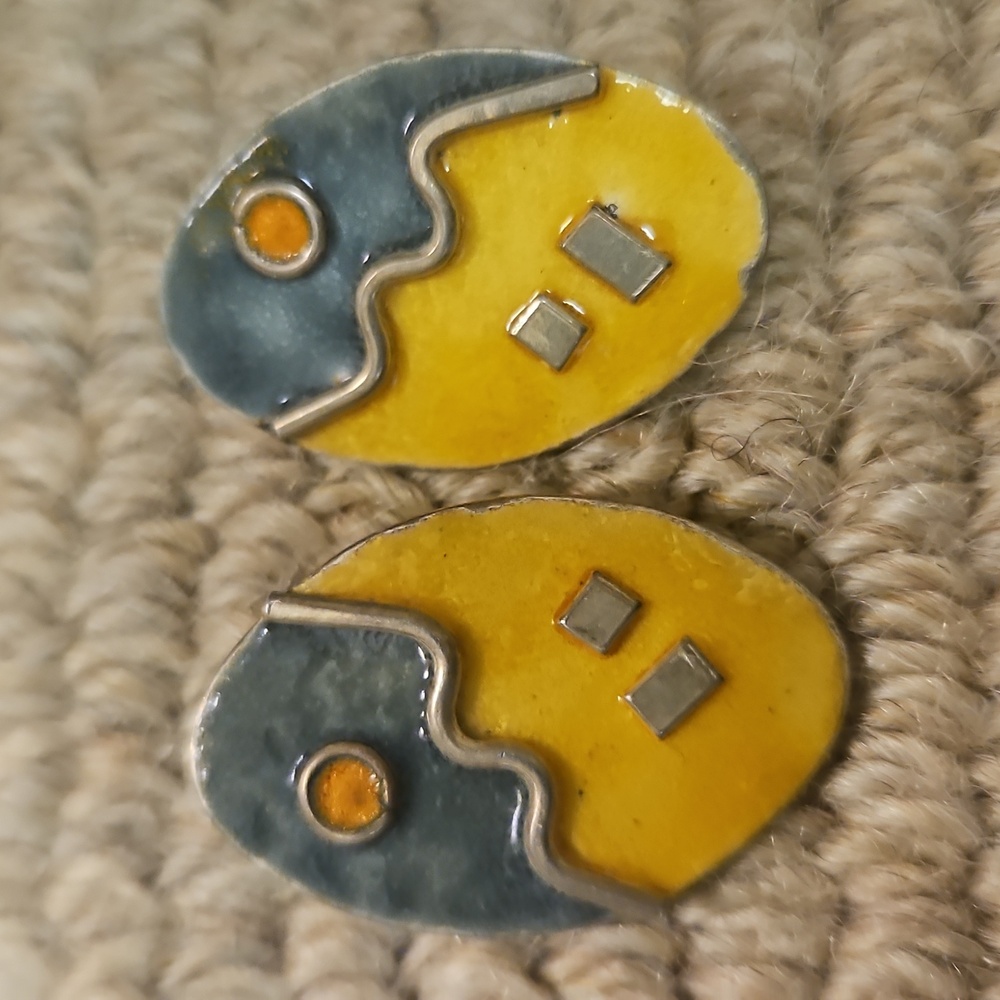 Sterling Silver & Abstract Enamel Oval Stud Earrings